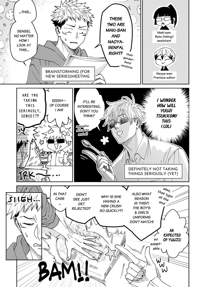 五悠 mangaka & editor AU

⚠️Hints of マキ x なおやん for 五's storyboard but only because he's goofing around (don't take it too seriously www) 