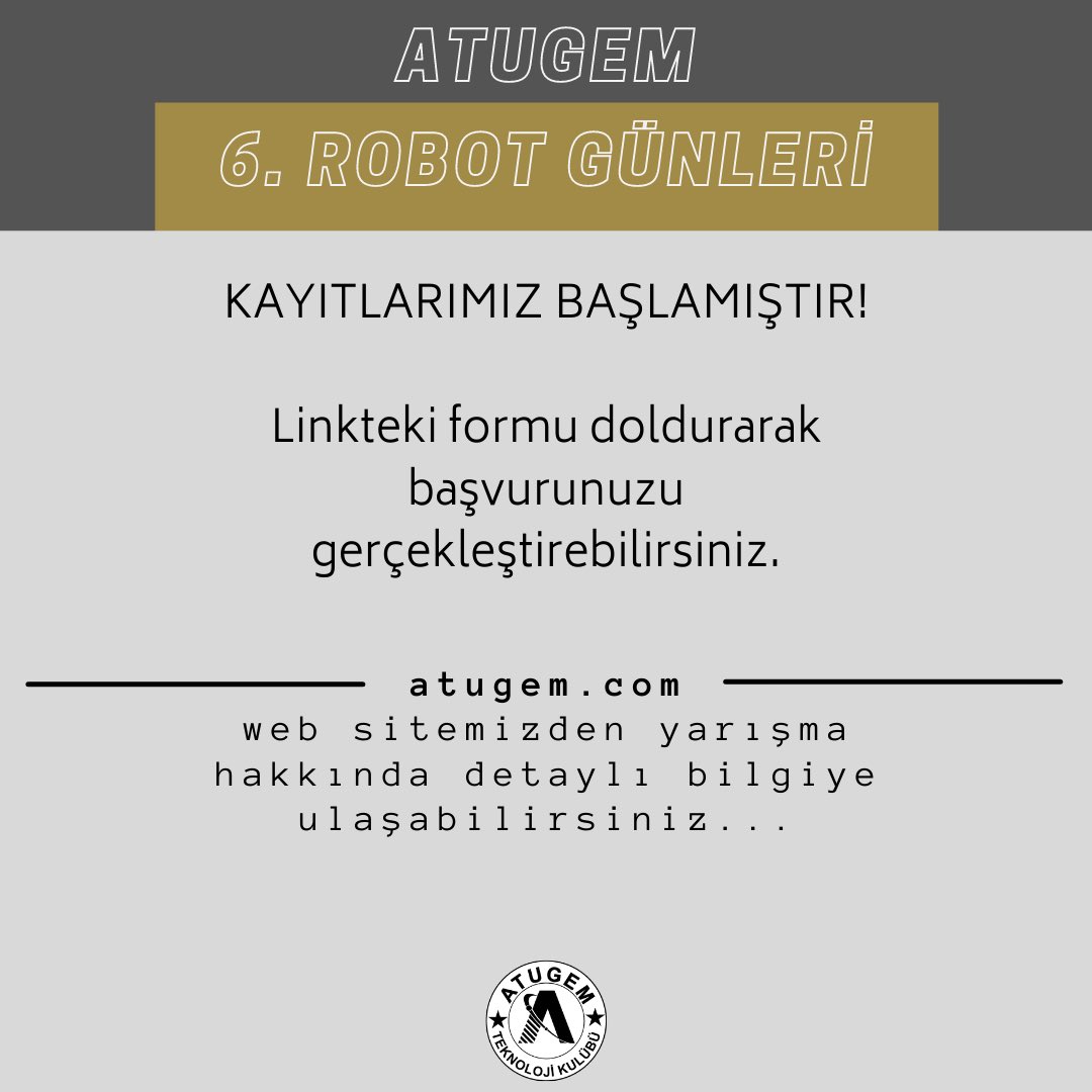 ROBOT GÜNLERİ KAYITLARIMIZ BAŞLADI!
Aşağıdaki linkten web sitemize erişip, başvurunuzu yapabilirsiniz 🙌
atugem.com

#erzurum #atauni #robot #programming #kodlama #robotgünleri #milliteknolojihamlesi✈️🚀🇹🇷