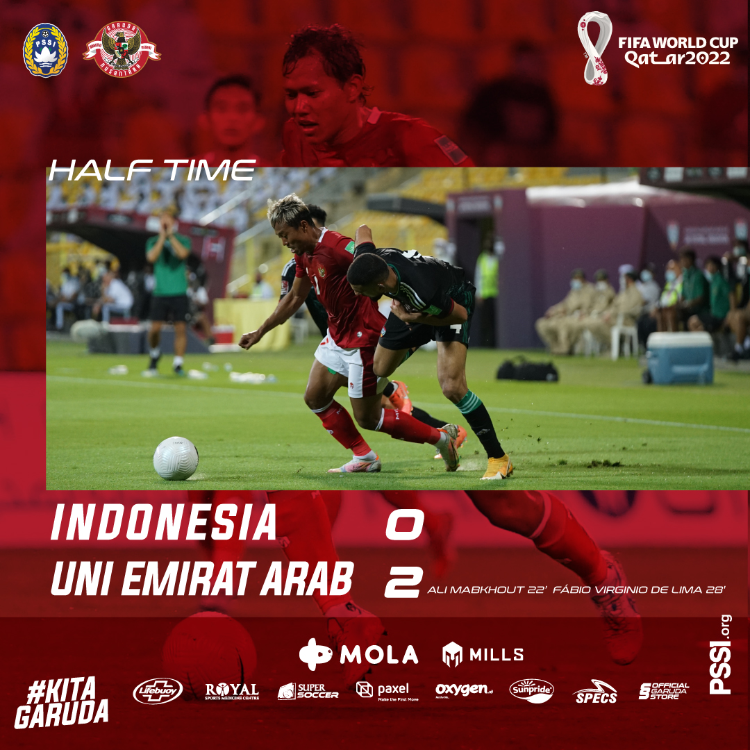 PSSI's tweet photo. Dua gol tanpa balas menjadi ujung babak pertama.

Bangkit, Garuda!👊🔥

#KitaGaruda 
#MeraihImpian 
#TimnasDay https://t.co/iGPkG2VEG0