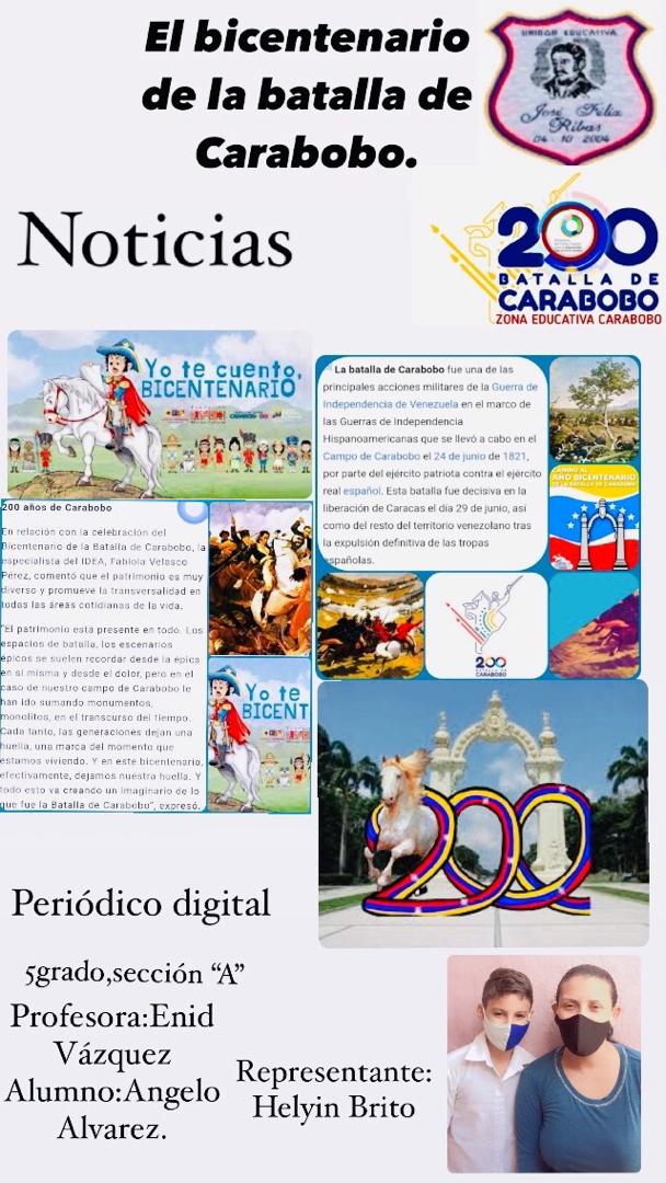 Periódico digital Batalla de Carabobo Anyelo Alvarez 5 grado A en compañia de su Representante y Maestra.
@Aymaraguiar 
@edu_sanjoaquin
@ZeCarabobo 
@MPPEDUCACION 
#Pueblolibertario
#JunioBicentenario