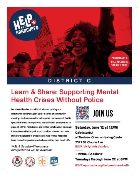 kristingpalmer's tweet image. As a community, we need better responses to mental health emergencies. We can’t arrest our way out of this crisis. #helpnothandcuffs 

Please join us 6/12 at 12pm @ the Healing Center. Thanks to @OPPRCNOLA, @NewOrleansDSA, @CourtWatchNOLA, and the IPM for organizing this series.