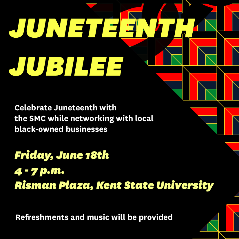 SMCKentState's tweet photo. Juneteenth commemorates the emancipation of enslaved people in the U.S. This year to celebrate Juneteenth, the SMC is hosting a Juneteenth Jubilee on Friday, June 18. Join us next Friday as we celebrate freedom and Black excellence! 
 ✊  🤩 #juneteenth #smc #blackexcellence https://t.co/KYbOMbkkTZ