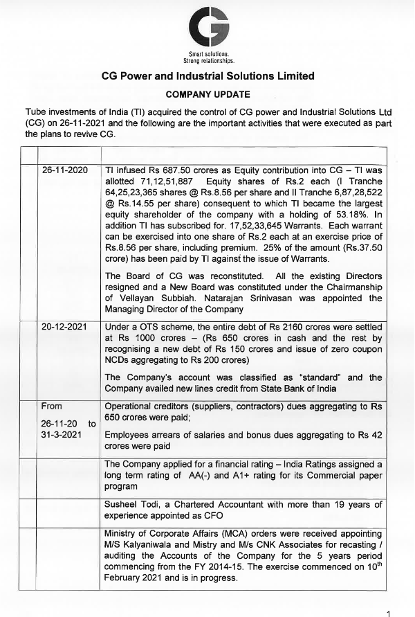 regulation30's tweet photo. Informative 5-page press release today by CG Power. Murugappa ownership has really turned things around and seized the opportunity. 

Keyword alert - 'press release' - CG Power and Industrial Solutions Limited #dailyfind

Link: https://t.co/vb5agRimiI https://t.co/boHh03ULJq