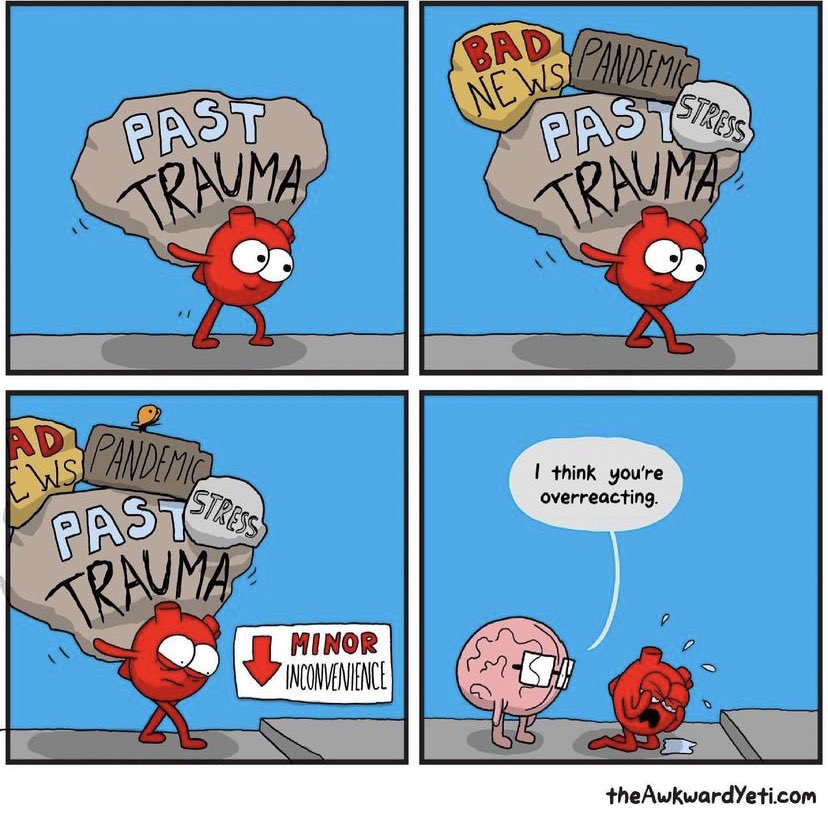 Johneitel's tweet image. Probably the most accurate depiction that I have seen of the mental health state in the world today. Remember to be kind to others and take care of yourself.  #mentalhealthawareness #mentalhealth  

@theawkwardyeti great job.