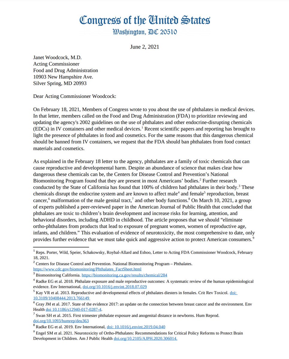 Scientific studies show synthetic chemicals called phthalates damaging children's brain development & disproportionately affecting the health of minority women. The presence of these toxic chemicals in food & cosmetics should be banned by @US_FDA. Our letter w/ @RepKatiePorter ⬇️ https://t.co/4CpHkguttx