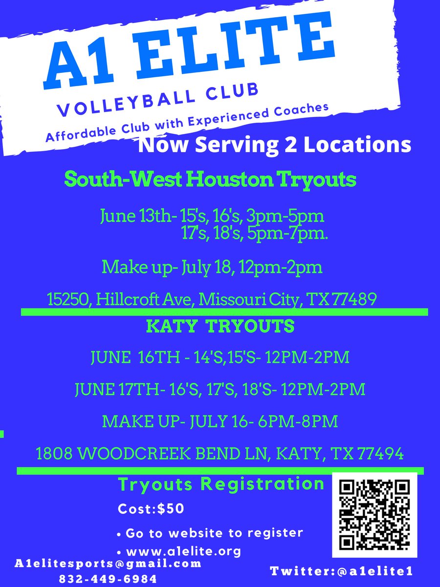 Join us for our 2021-2022 volleyball season tryouts starting Sunday June 13th at our Fortbend location. We are looking for girls ages 15’s-18’s. Go to our website &gt;&gt; a1elite.org to register.
