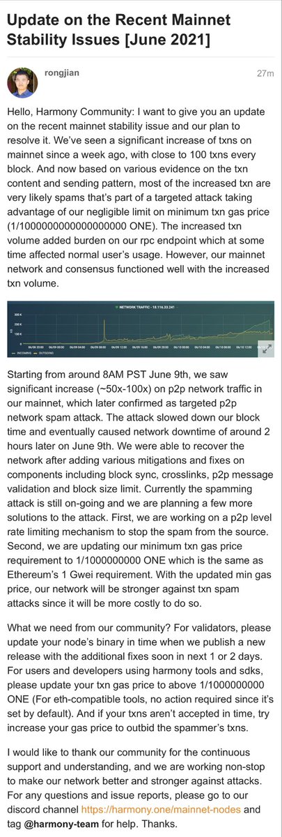 .<a href="/harmonyprotocol/">Harmony 💙</a> Community: Here is an update from <a href="/RongjianLan/">Rongjian Lan</a> “An update on the recent mainnet stability issue and our plan to resolve it”. More @ talk.harmony.one/t/update-on-th… Thanks core team again for the update and wonderful community for support and 💙 $ONE #ONE4ALL