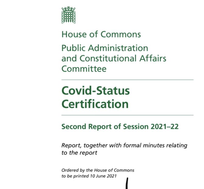 🚨A senior committee of MPs just published an absolutely DAMNING report on Covid passes inc

- lack of a scientific basis
- serious discrimination
- “arbitrary” decisions
- govnt contradictions harm trust

Impossible for Gov to proceed on back of this…

committees.parliament.uk/publications/6…