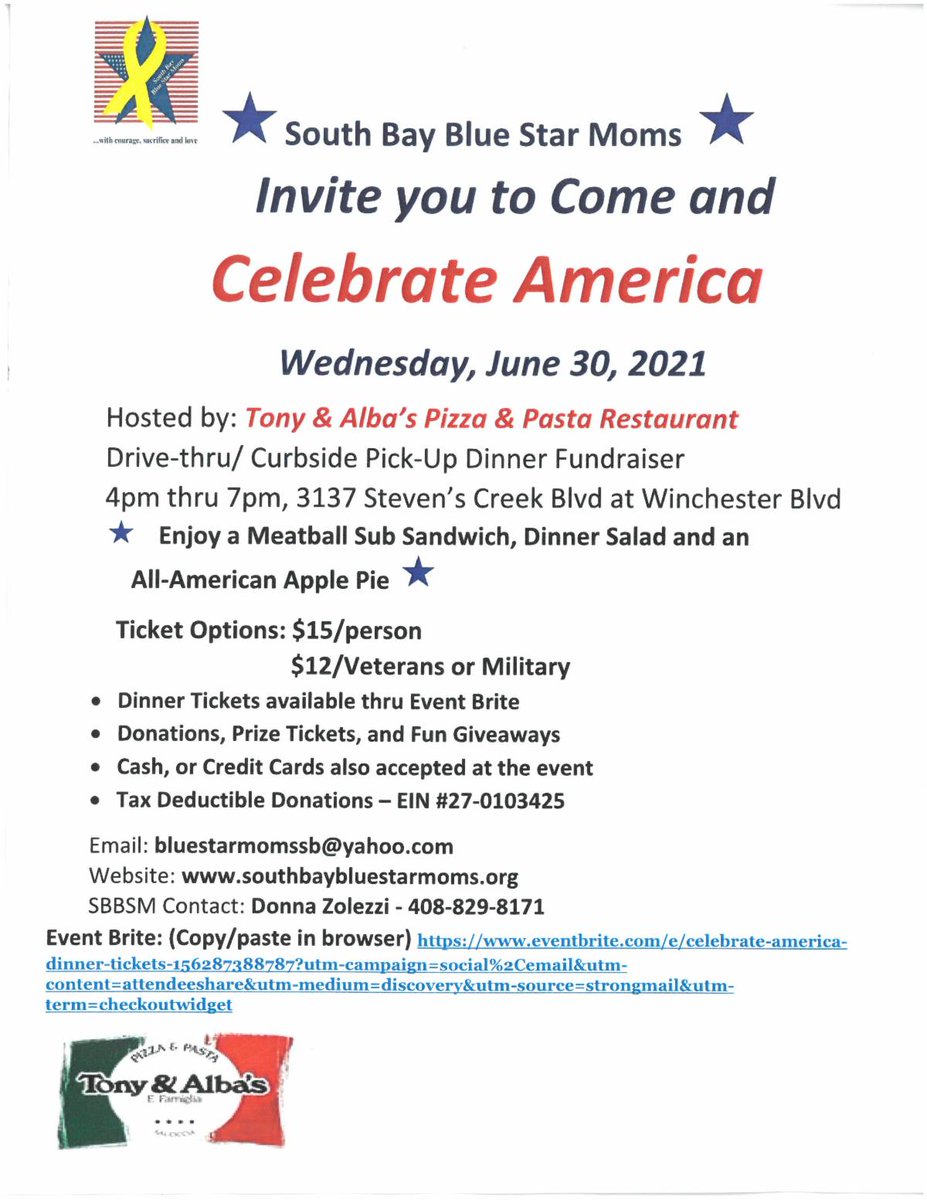 SBBlueStarMoms's tweet photo. CELEBRATE AMERICA DINNER FUNDRAISER JUNE 30, 2021. Join us for a fun time and dinner. https://t.co/gJ6SOgR9rC https://t.co/85TMFKAqoQ