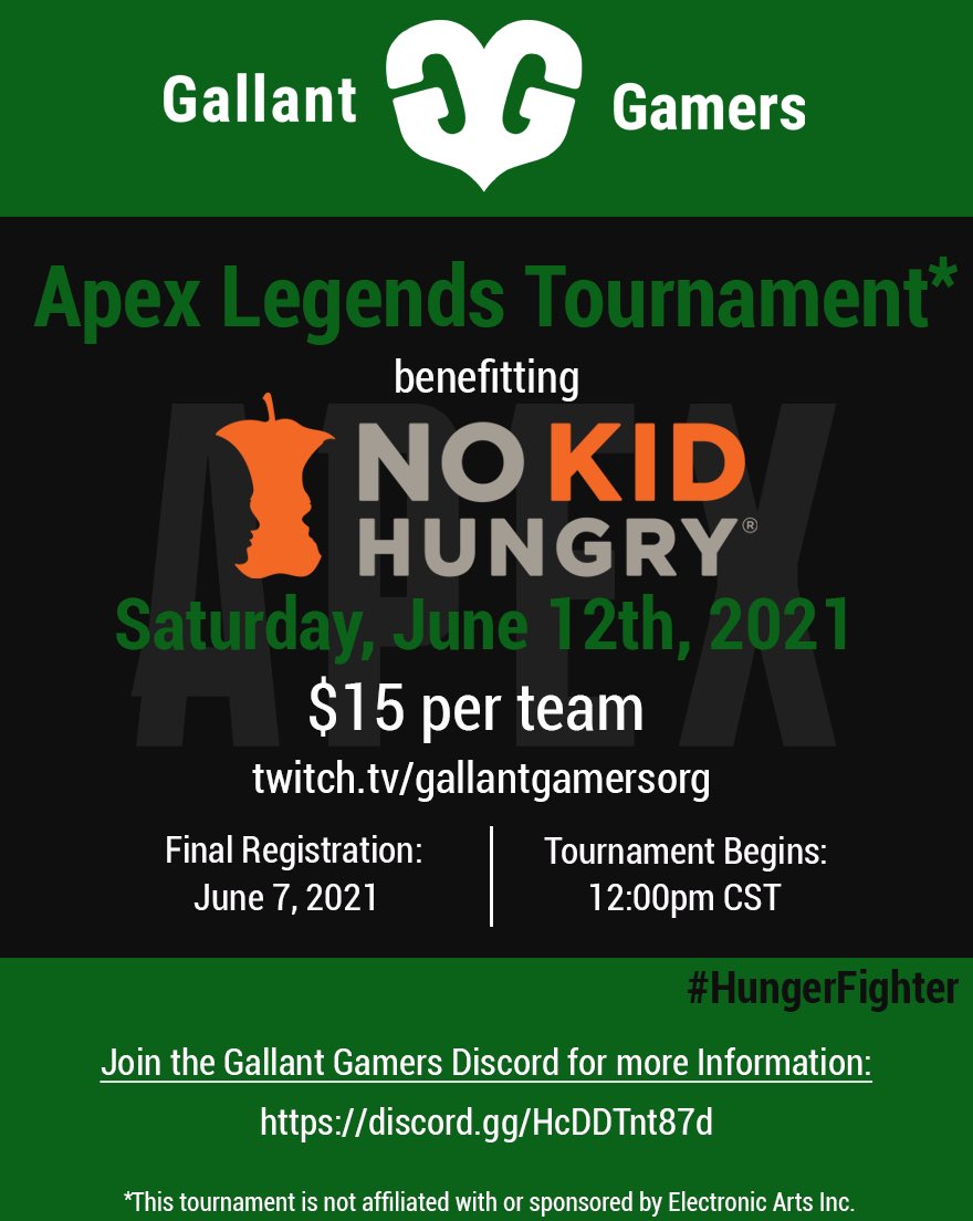 Don’t forget the #ApexLegends tournament is tomorrow benefiting <a href="/nokidhungry/">No Kid Hungry</a> ! Tune in to the GG Twitch channel at 12 pm CST to watch the action. It’s gonna be a great one! 

twitch.tv/gallantgamerso…