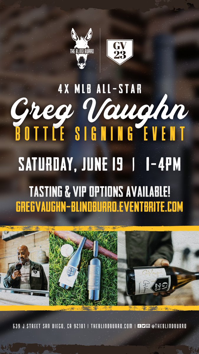 23Wines's tweet photo. On Saturday, June 19th  @theblindburro will be hosting a bottle signing event from 1:00-4:00! There are various ticket options available! Visit the link further details! 
https://t.co/Qvg0262iTm 

#23wines #padres #reds #baseball #mlb #sandiego #wine https://t.co/utkk6GuXoN