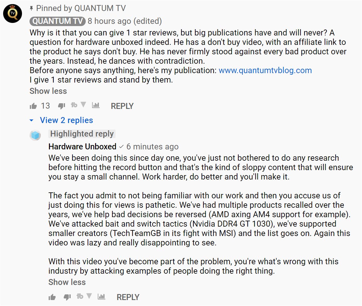 HardwareUnboxed's tweet photo. This is probably the most disappointing take a smaller creator could make on the LG situation. If you've got time to waste you can view it here: https://t.co/bsJqkg3ecF

You can't see my reply on his video as it requires approval by the channel owner, so here it is. https://t.co/QeJAGPtmkM
