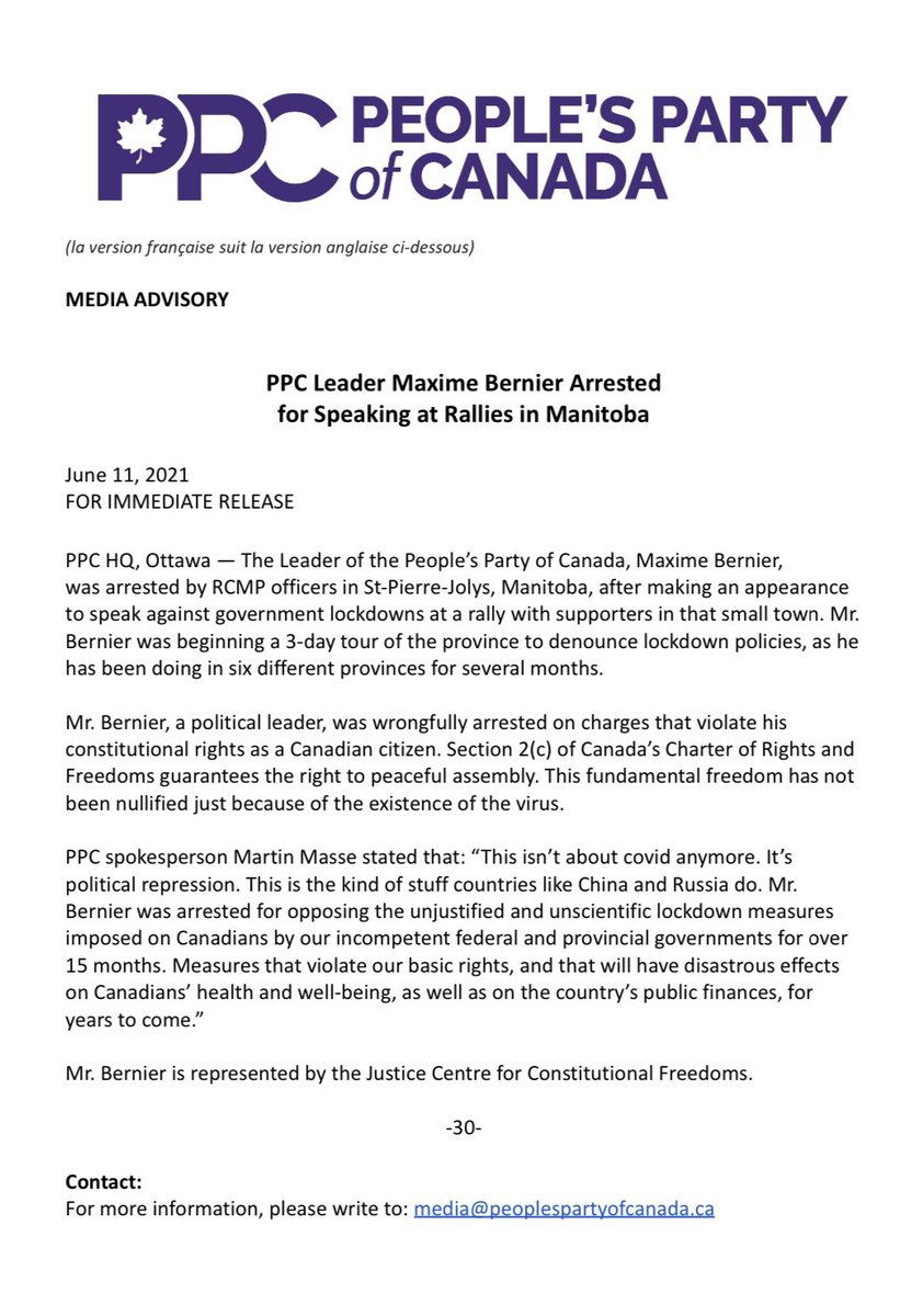 MaximeBernier's tweet photo. PPC Press Release following the arrest of Maxime Bernier
#FreeMax
#IStandWithMax https://t.co/gsKnWdjmRO