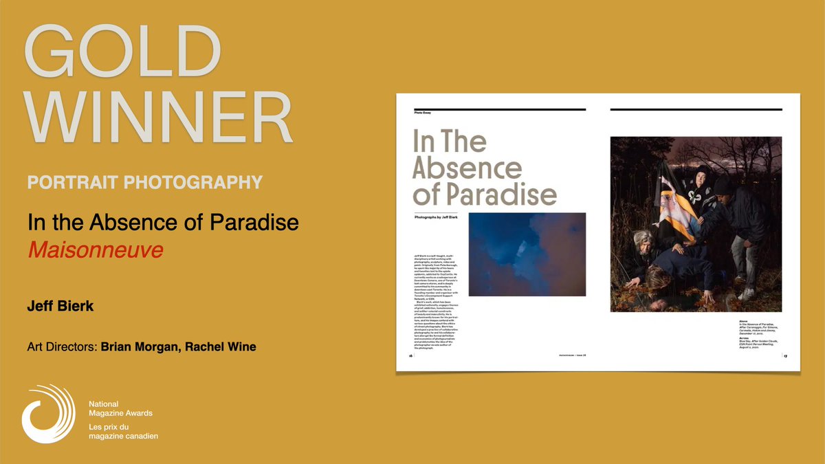 MagAwards's tweet photo. Join us in a round of applause for this year's #NMA21 Portrait Photography gold winner: Jeff Bierk for "In The Absence of Paradise" in @maisonneuvemag. Congratulations! https://t.co/ApSPo6wLh8 https://t.co/OE8PqvEwDP