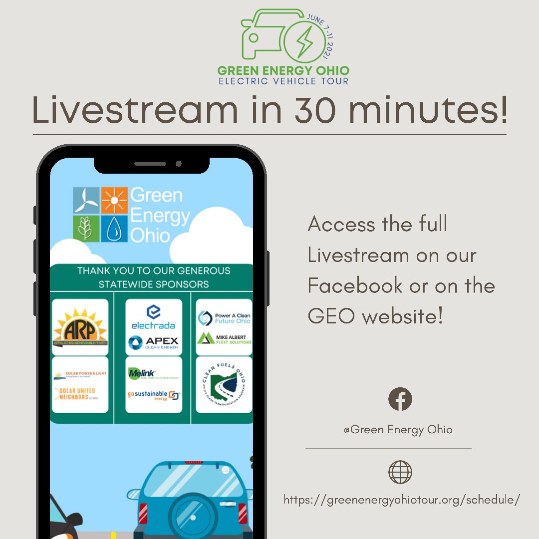 In 30 minutes join us via Livestream at the Smart Columbus Experience Center as we celebrate the final stop on the #EVTour.  Livestream: greenenergyohiotour.org/follow-the-tou….  🚙