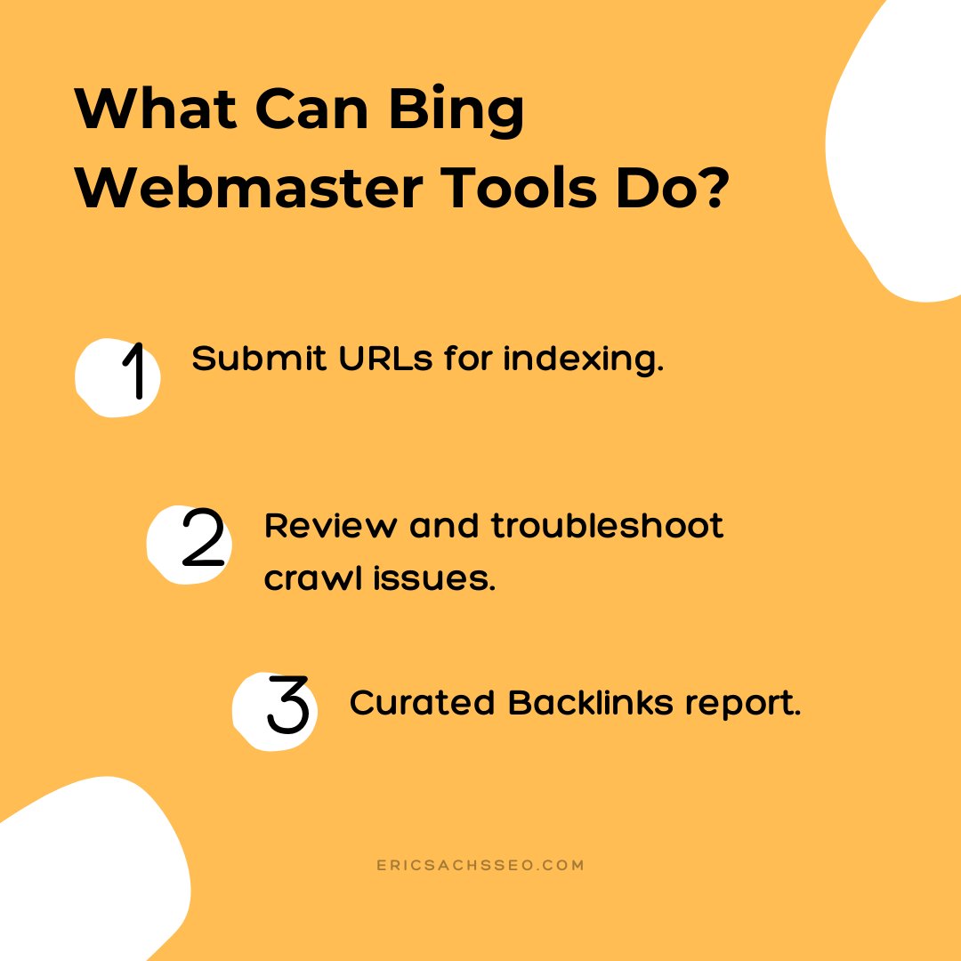 EricSachs_SEO's tweet image. Bing Webmaster Tools lets you:
1. The primary feature is used for is its #siteindexing &amp;amp; it is now automated!
2. Bing’s #CrawlControl feature lets you control the rate at which Bing crawls your pages.
3. Curated #backlink reports are sorted by domain, page, and anchor text.