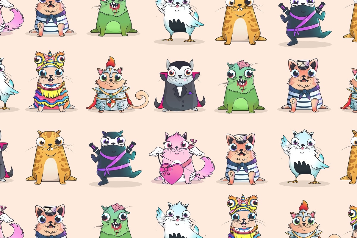 Los NFT de CryptoKitties son en realidad parte de un juego que consiste en críar gatos registrados en la cadena de bloques de Ethereum. Para jugar necesitas comprar o alquilar dos gatos, reproducirlos y así crear uno nuevo. Este nuevo gato es un NFT (token no fungible).