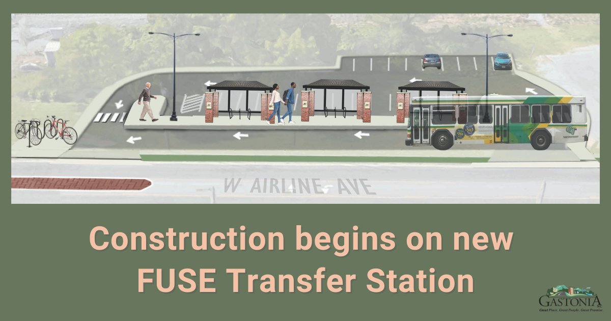 CityofGastonia's tweet photo. We're making it easier – and fun – to take City of Gastonia Transit to the FUSE District!
 
Construction starts Monday on the FUSE Transfer Station. It’s a park-and-ride lot/bus stop at Airline Avenue &amp; Trenton Street. Covered bus bays, 25 parking spots, bike racks &amp; more! https://t.co/qi2txNYxZq