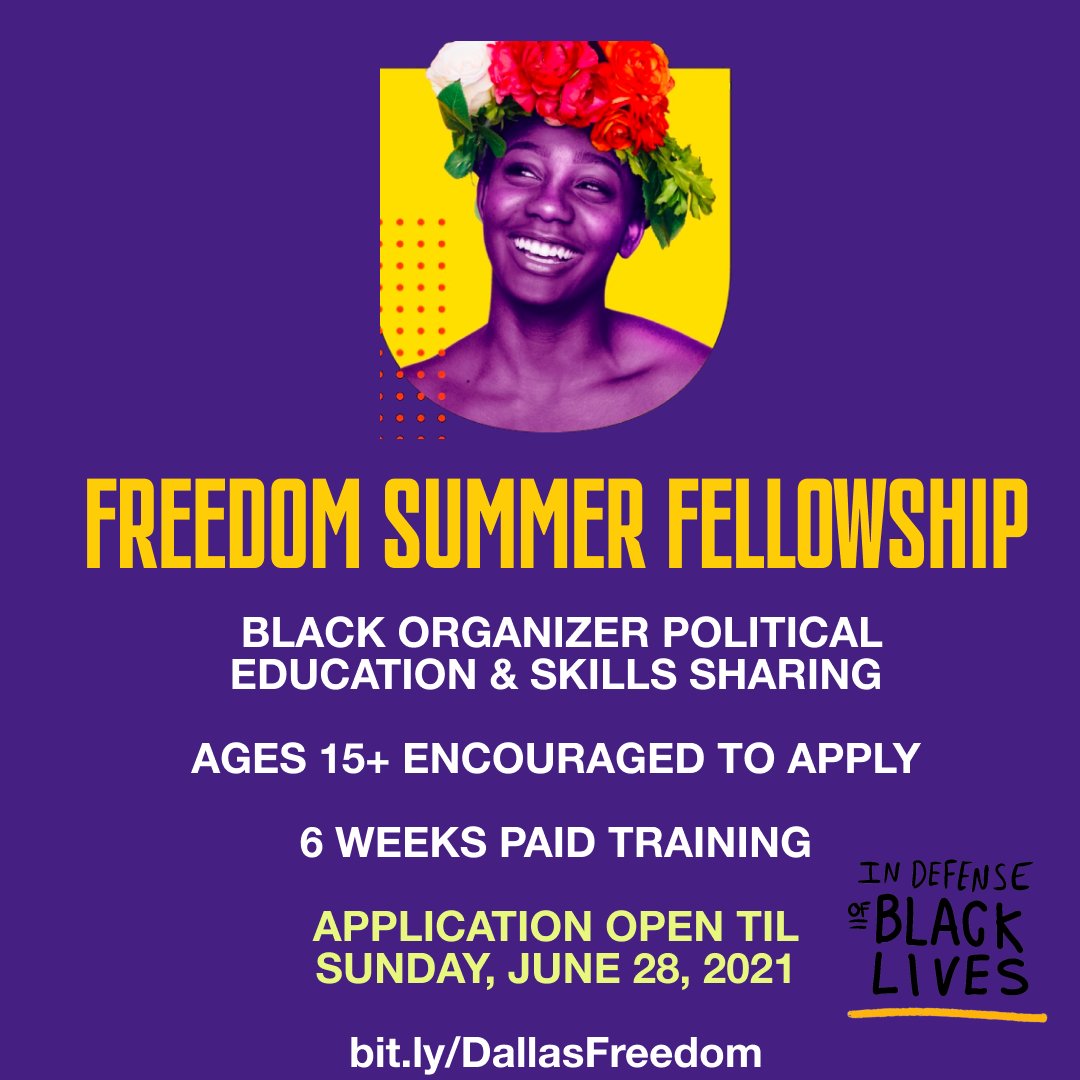 InDefenseDallas's tweet image. Know any Black 15-24 year olds looking for a cool summer paid opportunity that gets us closer to Black liberation in Dallas? Share with a teen the Dallas Freedom Summer app with @InDefenseDallas now! bit.ly/DallasFreedom