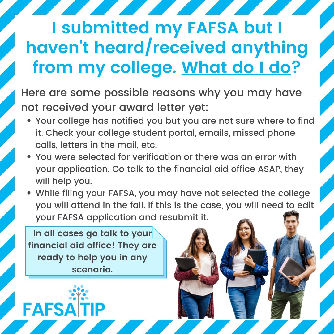 CompleteFinAid's tweet photo. Are you wondering when your financial aid award letter will be sent to you? If you’ve filed the FAFSA, been accepted to your college/university, but have not received a letter describing your aid awarded, you may need to talk to your financial aid office. The sooner the better! https://t.co/wblKCPe6Hm