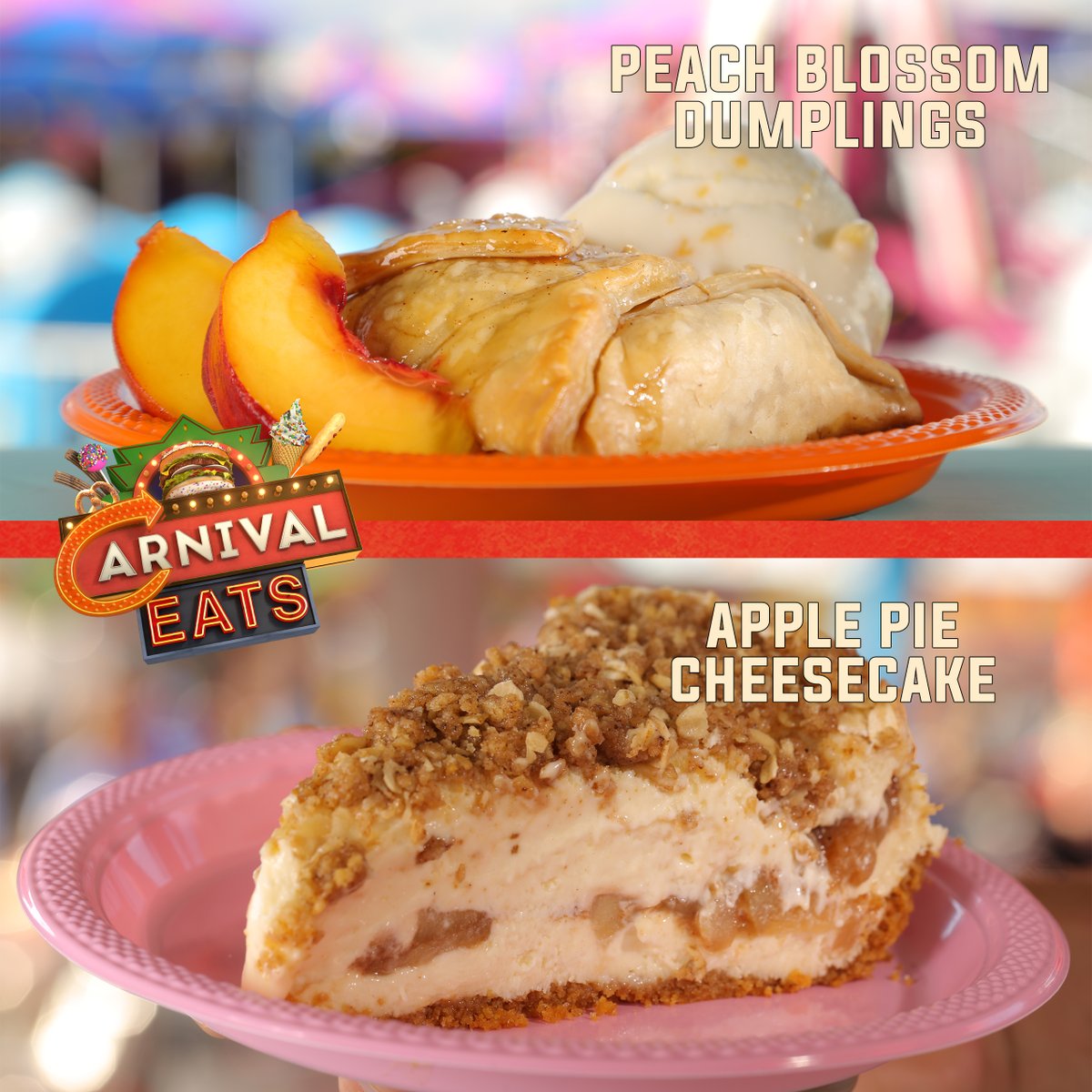 This week's #CarnivalEats Food Fight is between The Peach Blossom Dumplings and the Apple Pie Cheesecake!

To vote:
Like for The Peach Blossom Dumplings
Retweet for the Apple Pie Cheesecake