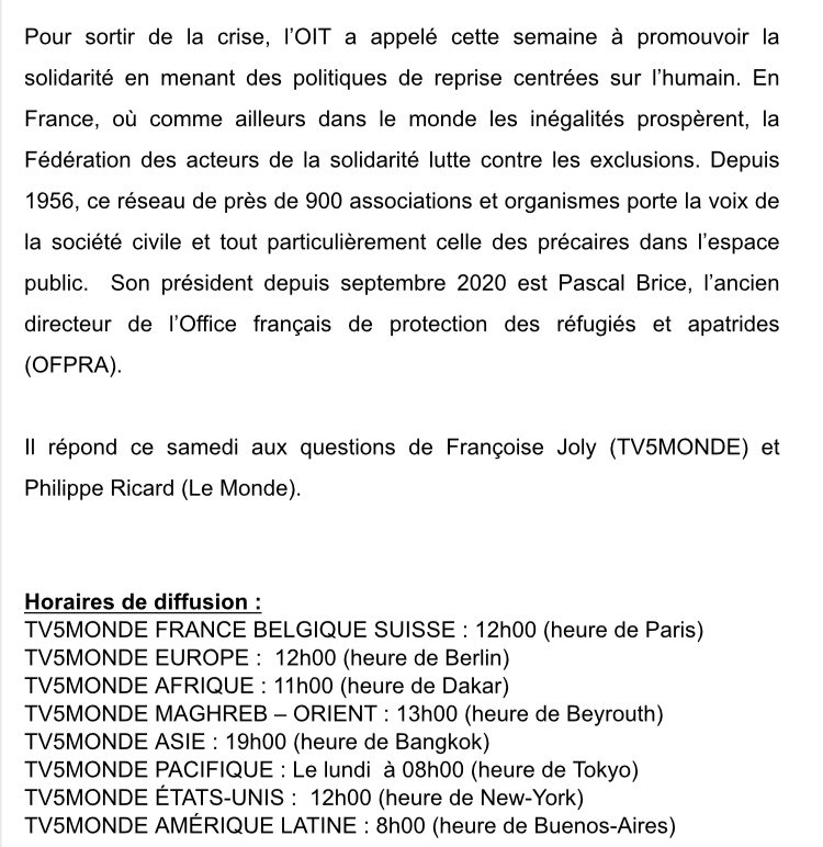 TV5MONDE_pro's tweet photo. Ce samedi 12h, heure française, @francoisejoly @TV5MONDEINFO et @PhilippRicard @lemondefr, partenaire @InterTV5, reçoivent #PascalBrice, Président @FedeSolidarite. À (re)voir sur https://t.co/zSaSLPiKPW https://t.co/koPIk6j7nR