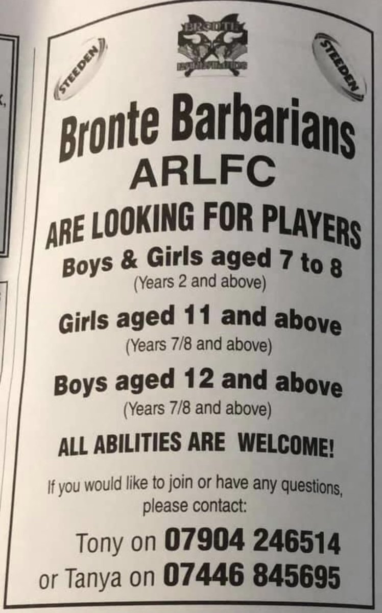 Bronte Barbarians ARLFC are looking for new players. 
Come and join us if your interested 🏉🏉🏉
⚫️⚪️🟣⚫️⚪️🟣⚫️⚪️🟣⚫️⚪️🟣