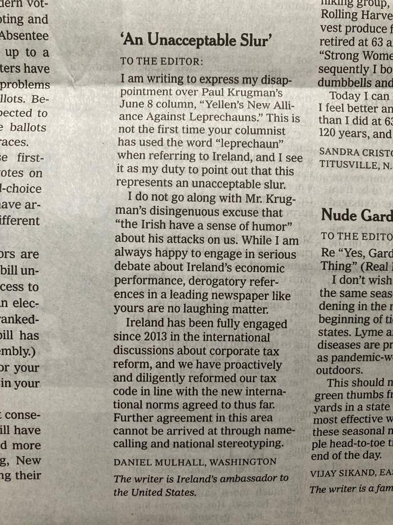 Letter from Irish ambassador to the US @DanMulhall in today’s @nytimes calling out @paulkrugman on “leprechaun economics” term - calls it an “unacceptable slur”