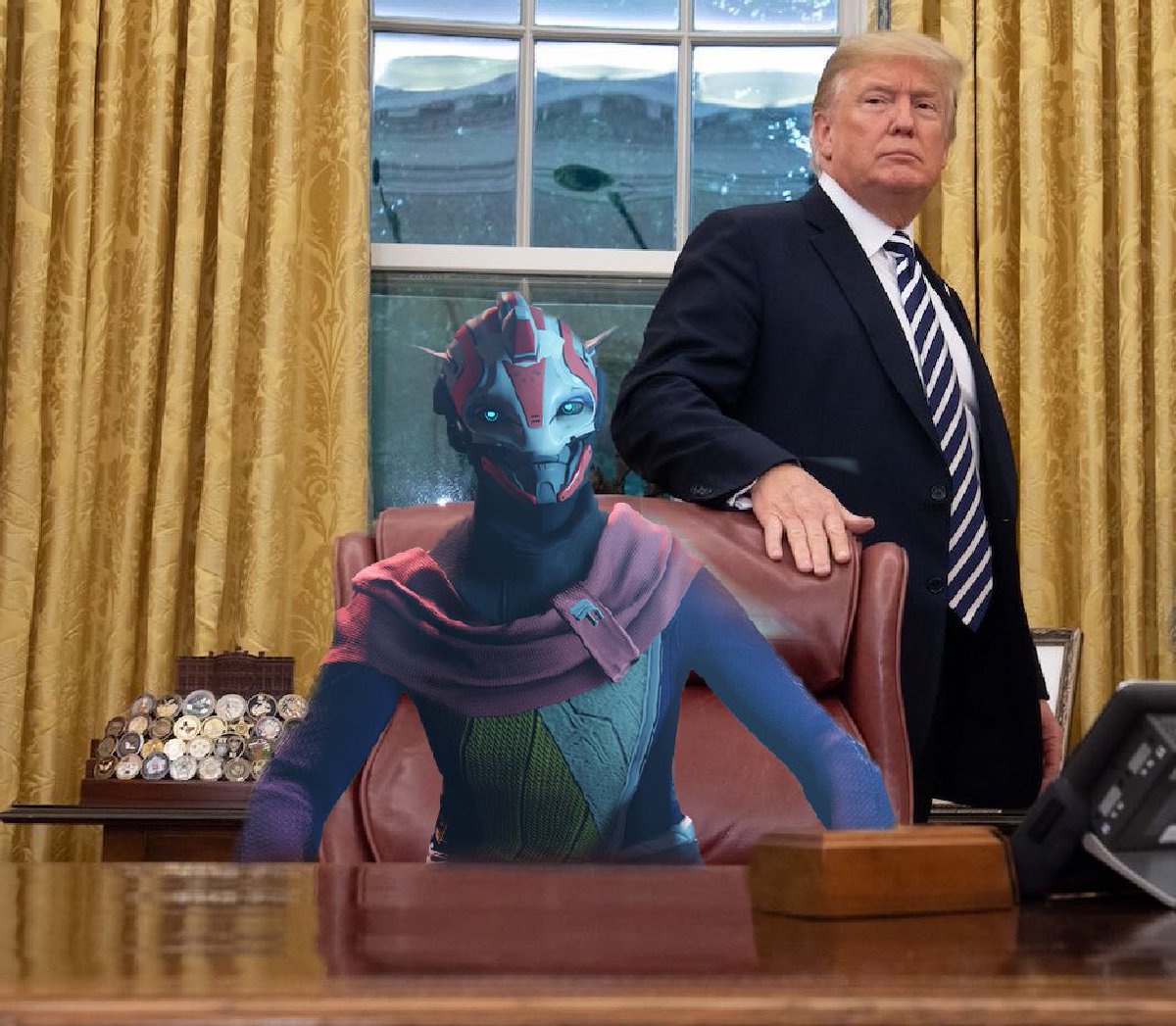 DestinyDonald45's tweet photo. Lakshmi and I breaking in our NEW campaign headquarters in the Core District of the Last City (unlike Zavala who lives up in the clouds with his corrupt Vanguard). WE WILL FIGHT FOR YOU! https://t.co/1rKAs8GbRn