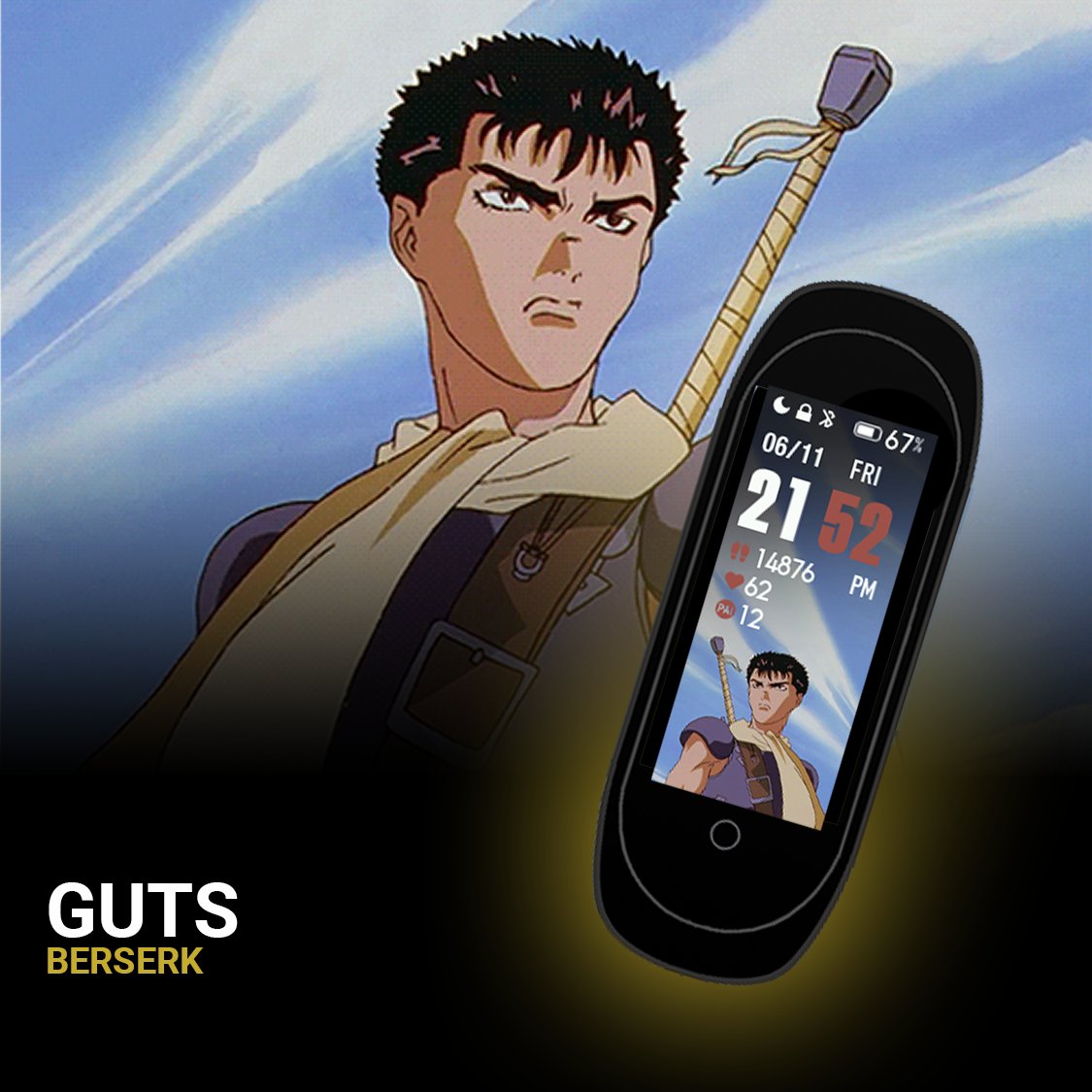 Miband5aFaces's tweet photo. New #watchface for #miband5 about #Guts of #Berserk make sure you download it on our app https://t.co/p98tCQqcly https://t.co/zm92k3pWHU
