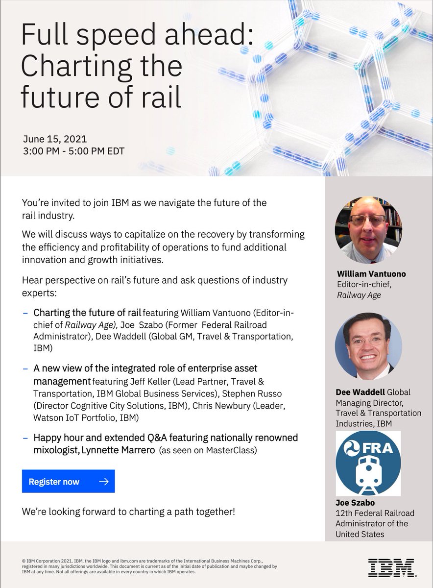 deekwaddell's tweet photo. Looking forward to discussing the future of #rail with @RailwayAge Editor-in-chief @WvantuonoC and Joe Szabo, 12th Federal Rail Administrator of the United States.  Join the discussion next week by registering here --> https://t.co/bMzkppEJ0p https://t.co/CAThMbhYWq