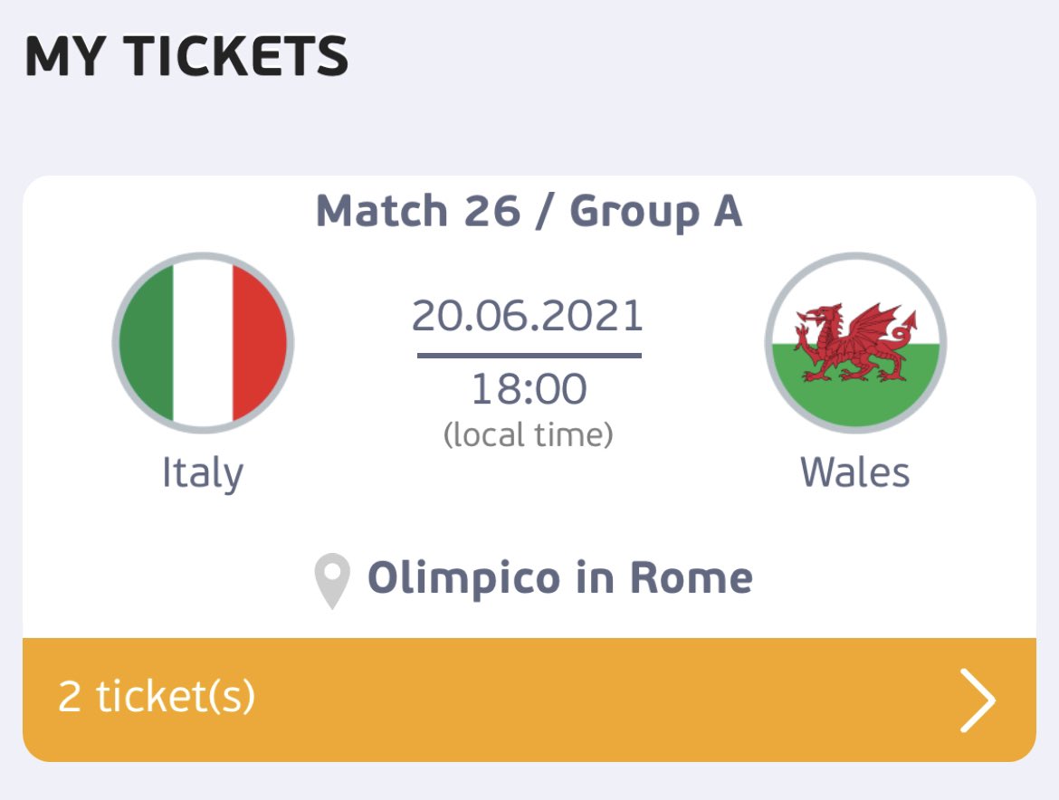 Stephedwards92's tweet photo. 🚨FOR SALE - Please RETWEET🚨

2 x category 2 tickets (cost €250)
Italy 🇮🇹 v Wales 🏴󠁧󠁢󠁷󠁬󠁳󠁿
£200 for the pair 
Unable to go due to travel restrictions and quarantine 😩

@walesawayfans @WalesAwayDays @Colemans_Dream @TheWelshDragon9 @indywalesfans 

#ITA #WAL #ITAWAL #euro2020 https://t.co/YprciP5Mm1