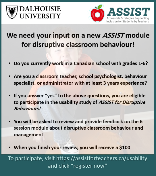 ASSIST_teachers's tweet photo. We want to hear from elementary classroom teachers and stakeholders (e.g., school psychologists, principals, behaviour specialists)!
Visit https://t.co/jClVRxMCAD and click "register now"! https://t.co/l9VfvVN4S3