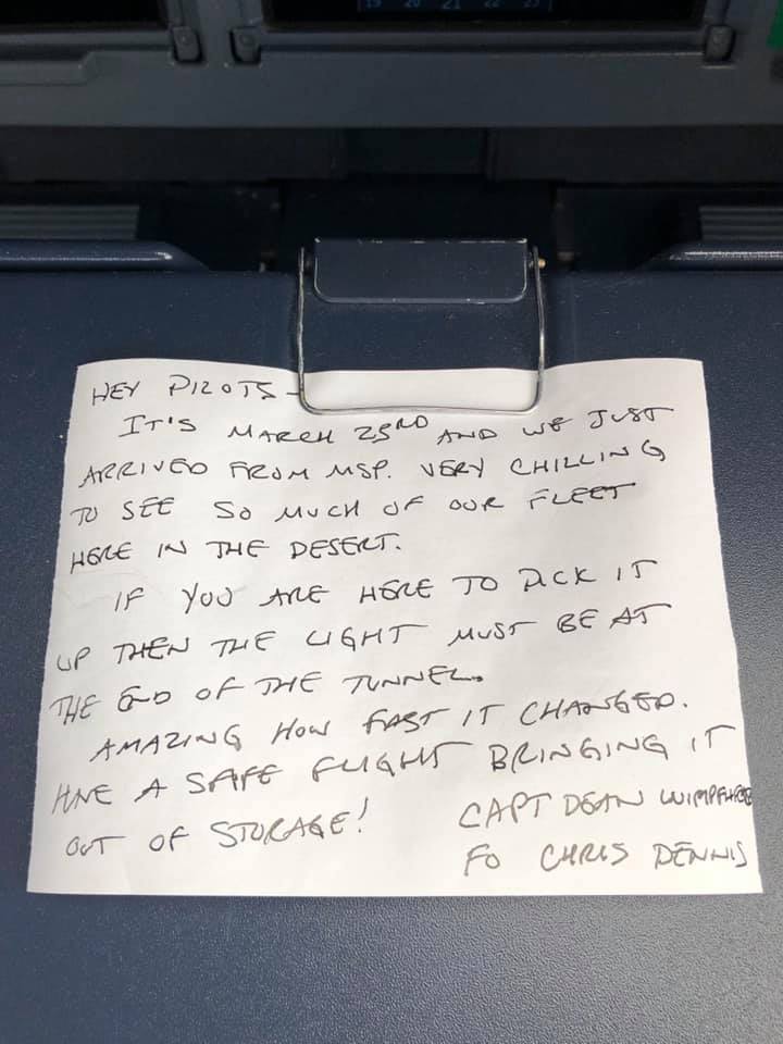 A Delta pilot parked a plane in the desert at the height of the pandemic and left a note in the cockpit . Another pilot found it 435 days later.
"If you are here to pick it up then the light must be at the end of the tunnel."
abcn.ws/3pMpr9D