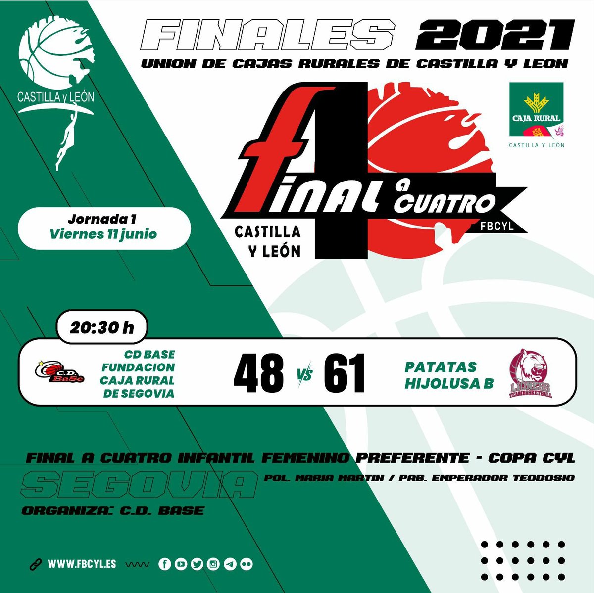 𝐅4 Infantil 𝐀𝐮𝐭𝐨𝐧ó𝐦𝐢𝐜𝐨 Preferente Femenino COPA

ⒻⒾⓃⒶⓁ
<a href="/cd_base/">Club Deportivo Baloncesto Segovia</a> 4⃣8⃣
<a href="/LionessBball/">Lioness Team Basketball</a> 6⃣1⃣

#F4CyL2021 #InfFemCyL #Preferente #CopaCyL #BasketCyLEnVivo