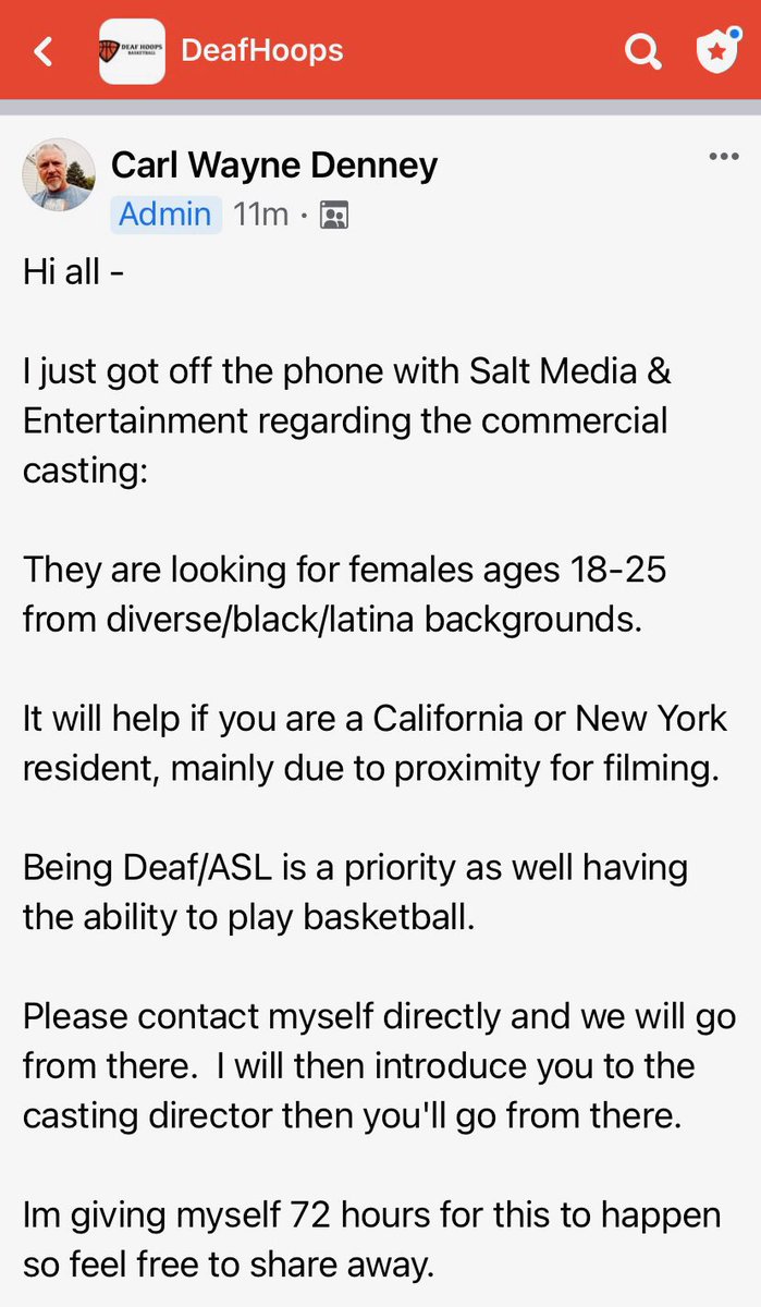 EAADbball's tweet photo. ๐จ FLASH NEWS! ๐จ
Want to be one of the cast for the #DeafHoops commercial?
We are looking for #Deaf female ballers (between 18-25 years old) with diverse backgrounds.
Please contact Carl Wayne Denney of the @DeafHoops if you're interesting. https://t.co/xg9M1ATme3