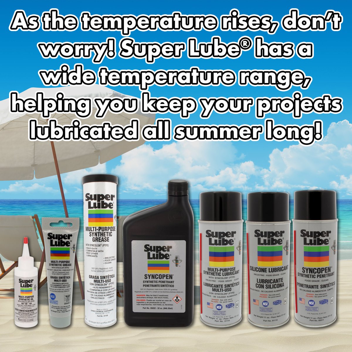 SuperLubeUSA's tweet image. As the temperature rises, don't worry! Super Lube® has a wide temperature range, helping you keep your projects lubricated all summer long! Learn more at super-lube.com.

#SuperLube #Summer #TemperatureRange #Sun #June #Beach #Hot #Heat #Lubrication #Lubricant #Lube