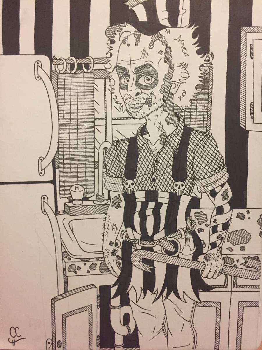 thatonecreativ1's tweet photo. This drawing almost took me 4 days to finish. Ughhhhh, I’m pooped. 😩😂 But here’s “Mr. Beetleman” from the Beetlejuice animated series in my own style. 😇💕 #Beetlejuice #beetlejuiceanimatedseries #michaelkeaton #timburton #nostalgia #blackandwhite #drawing #artist #handdrawn https://t.co/HtU3tn2xJY