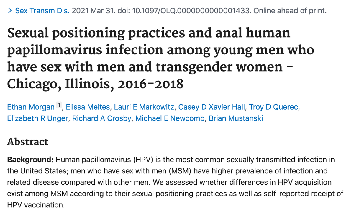 Impact_NU's tweet photo. New research from ISGMH alum Ethan Morgan and ISGMH’s Casey Xavier Hall, @MichaelENewcomb, and @Mustanski finds high prevalence of #HPV infection among adult men and transgender women who practice anal receptive sex. 
#LGBTQhealth #sexualhealth https://t.co/xkdGemIdGc