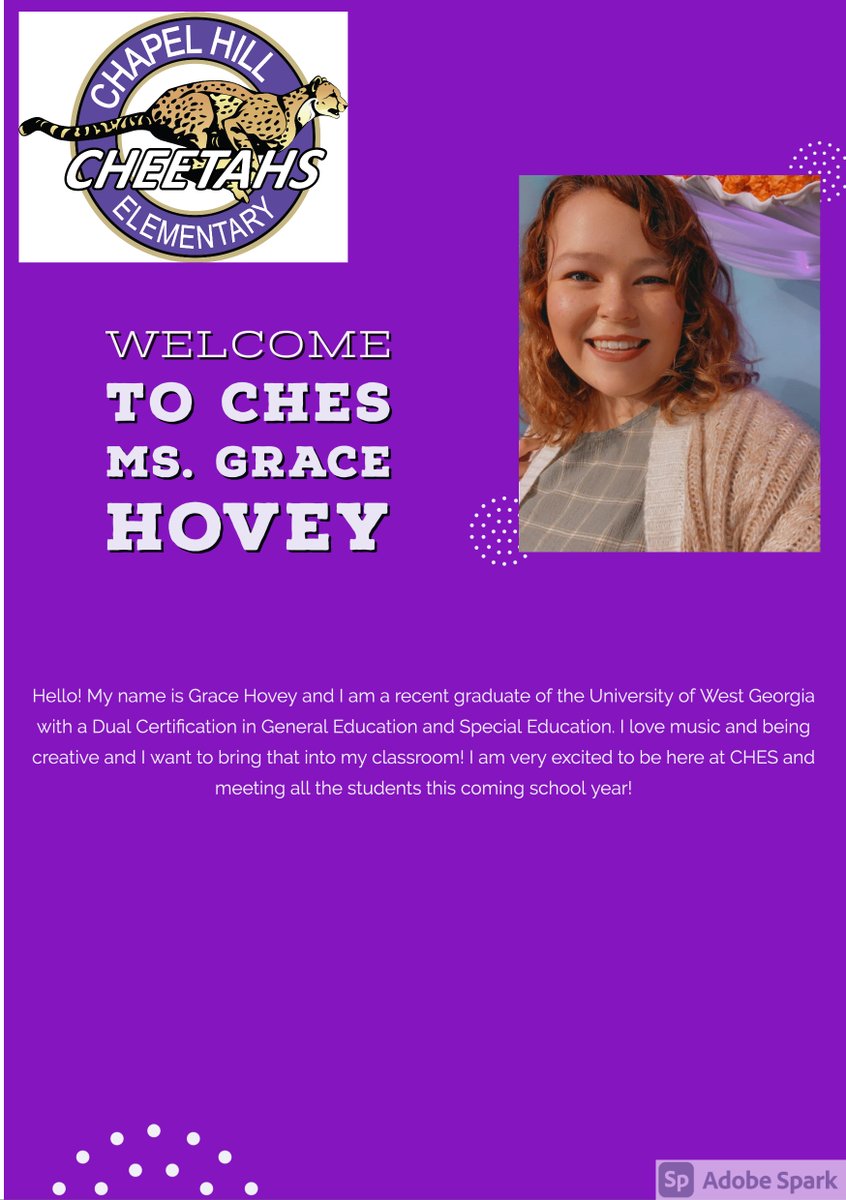 Welcome to CGES Ms. Hovey!  Ms. Hovey will serve as a new 2nd Grade Teacher at CHES🐾💜🤍💛