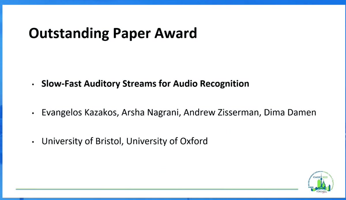 "Slow-Fast Auditory Streams for Audio Recognition" by Evangelos Kazakos, Arsha Nagrani, Andrew Zisserman, &amp; Dima Damen ieeexplore.ieee.org/document/94133… #ICASSP2021