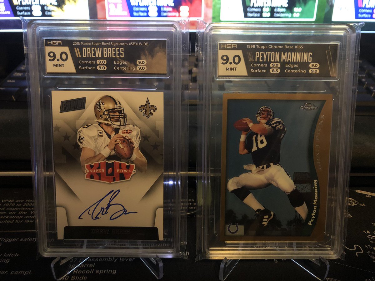 Next up…

2015 @PaniniAmerica #SuperBowl Signatures of @drewbrees MINT 9

1998 @Topps Chrome Peyton Manning RC MINT 9

Absolutely fantastic!! @GradingHybrid #collect #GradeReveal