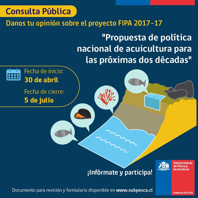 SubpescaCL's tweet photo. [CONSULTA PÚBLICA 💻] Participa hasta el 5 de julio en la revisión del proyecto FIPA "Propuesta de política nacional de acuicultura para las próximas dos décadas". ¡Tú opinión es importante! Ingresa a → https://t.co/XBG1FZog6x https://t.co/SKyvrvASfC