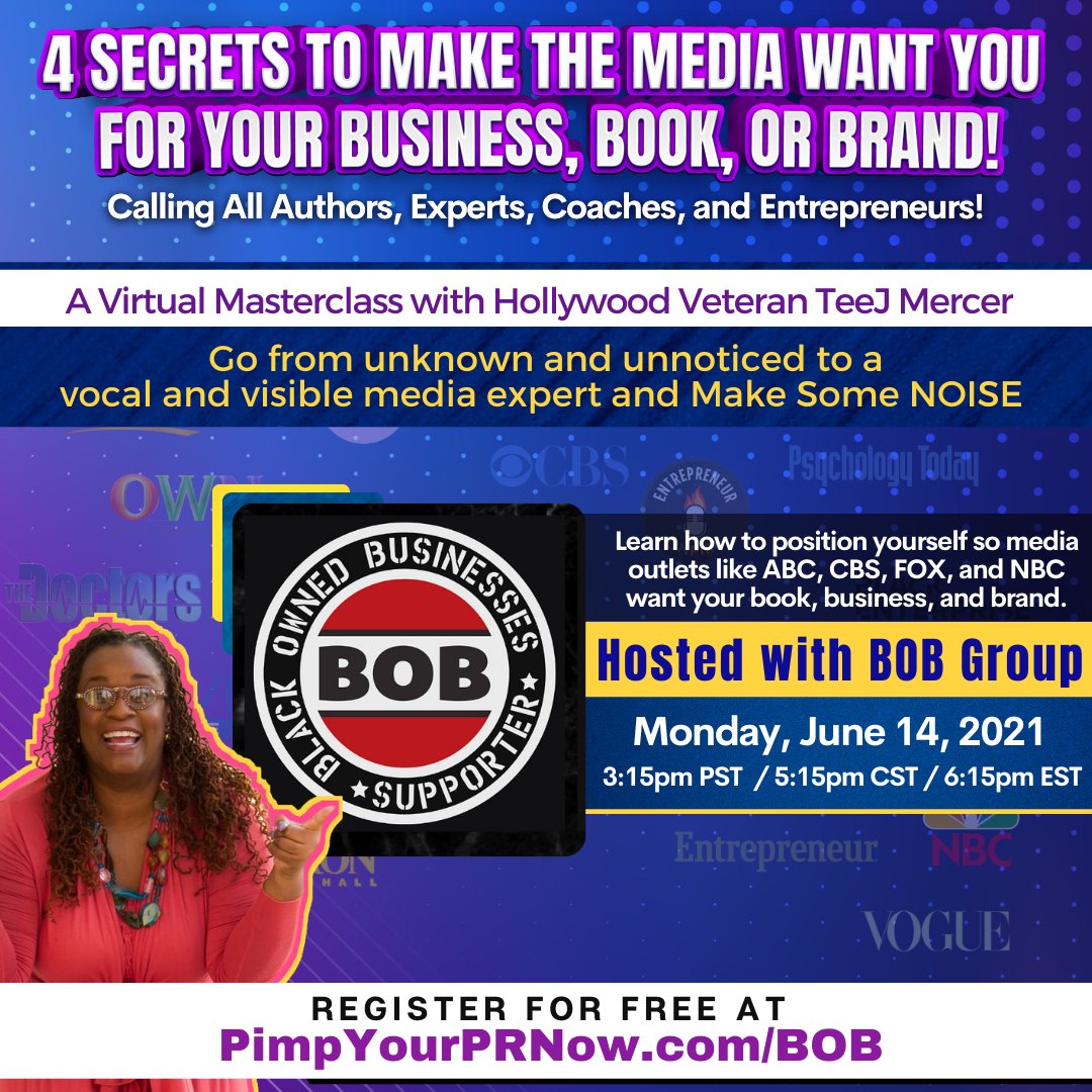 TeeJMercer's tweet photo. OMG!
I’m so excited to announce that after a very successful 2021 Noisemaker Challenge, I’m BACK in the media trenches to help folks rock their genius! 
And the first stop on my webinar tour of media yumminess is co-hosting a FREE virtual masterclass with Black Owned Businesses! https://t.co/kejthpFT6A
