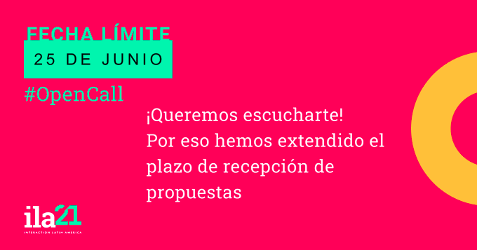 Una excelente noticia: ILA21 amplió el plazo para presentar propuestas: charlas, talleres y mesas redondas. 
Los más veteranos queremos escuchar a los jóvenes: animate, lo que tenés para contar cuenta, nos importa y es valioso.
Difundí este Tweet!!!
ila.ixda.org/2021/es/apply
