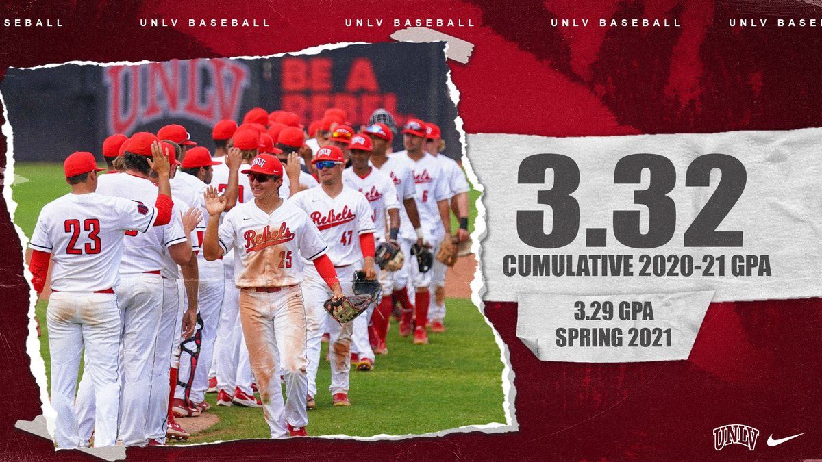 unlvbaseball's tweet photo. Congrats to our #UNLVbaseball student-athletes for excelling in the (virtual) classroom this Spring! It's not every year that the team's batting average (.333) matches up to its 2020-21 cumulative GPA (3.32).

➡️ 3.29 Spring GPA
➡️ 3.32 Cumulative GPA

📚📝💻 #BEaREBEL https://t.co/3NUBxbm6tE