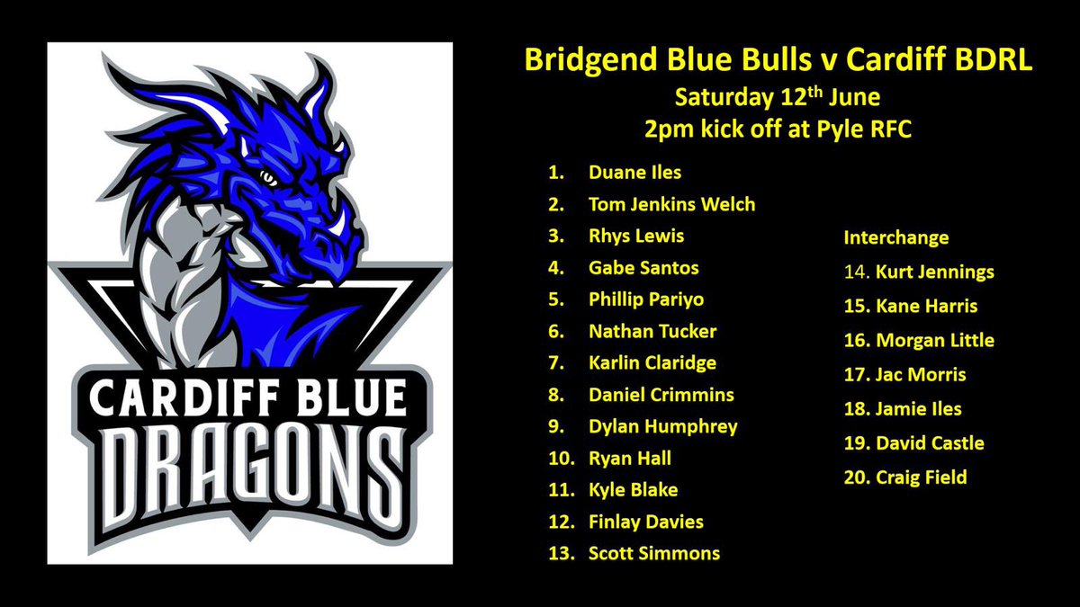 Our men’s senior team lineup tomorrow to face @BlueBullsRL in our first league game of the season. KO is 2pm @pylerfc #dragonfamily #cardiffrugbyleague