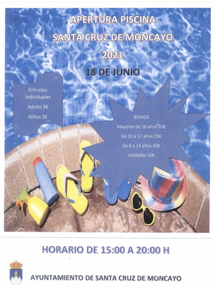 comisionstc's tweet photo. APERTURA PISCINA

El próximo 18 de junio abrirán las piscinas de verano en horario de 15h a 20h

El próximo martes se pueden sacar los bonos en ayto mediante solicitud ⬇️

Debido a las restricciones Covid19 se permitirá el acceso hasta completar aforo

#StaCruz #Moncayo #Verano https://t.co/qj6TbUYsAt