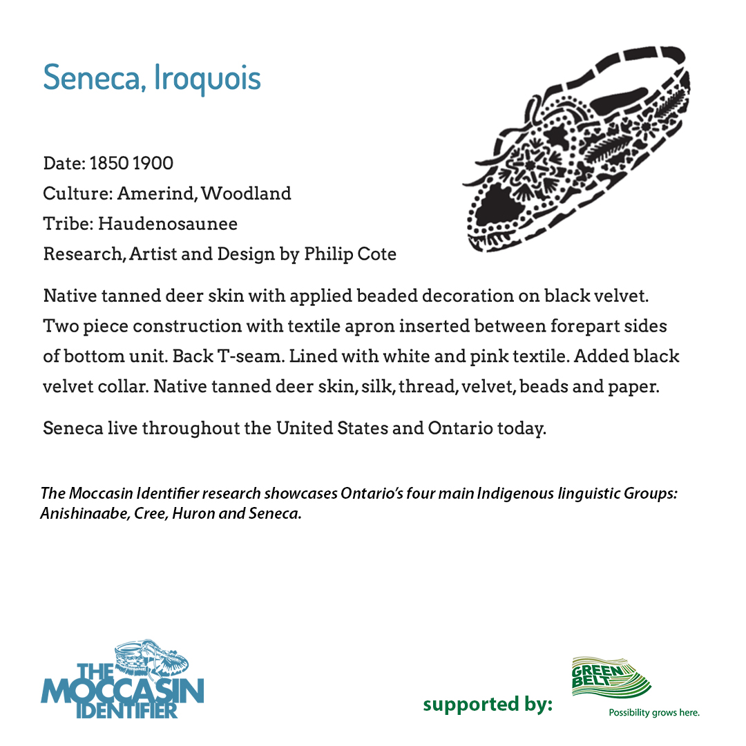 greenbeltca's tweet photo. Seneca, Iroquois moccasin: Native tanned deer skin with applied beaded decoration on black velvet. This #IndigenousHistoryMonth with @MoccasinIdenti1 toolkit, we are learning about the ancestral presence of First Nations, Métis &amp; Indigenous Communities across the #ONGreenbelt. https://t.co/mPbGvoOduz