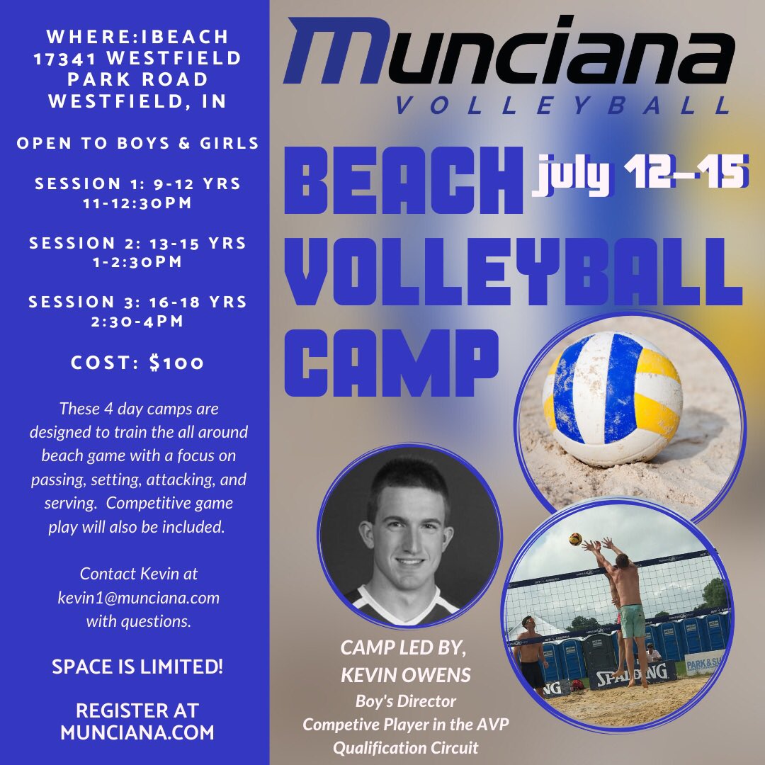 JOIN US FOR BEACH CAMP - JULY 12-15! Boys &amp; Girls! Space is limited! Register at muncianaindy.sportngin.com/register/form/…  #growthebeachgame